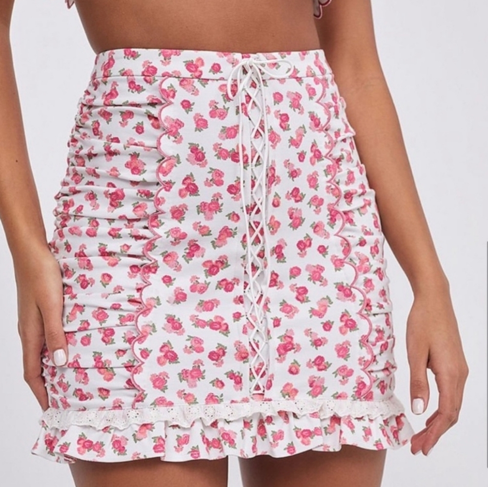For Love & Lemons Pink Floral Lace-Up Mini Skirt